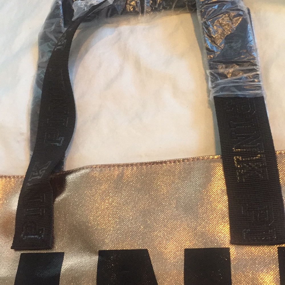 NWT PINK Victoria Secret metallic bag gold blck - Picture 3 of 8